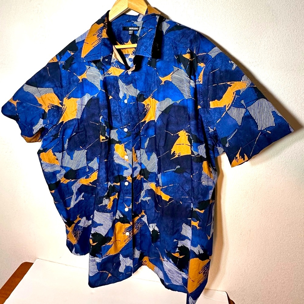 Men's Murano Big Tall 3XB Button Front Cotton Short Sleeve Shirt Blue Tan Black